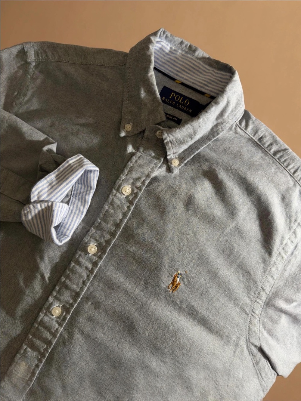 Ralph Lauren Light Gray Button-Down Oxford Shirt with Pony Logo